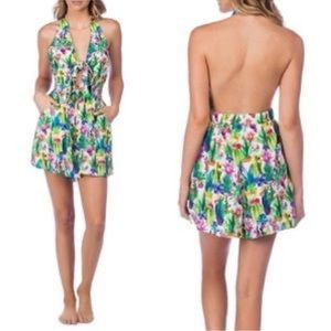 NWOT Nannette Lepore Large Cactus Tie-Front Shorts Romper/Swim Cover W/Pockets